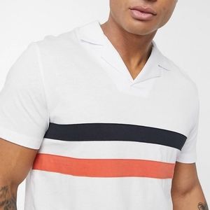 Asos Design Polo Shirt, Revere Collar, Chest Stripes (White)